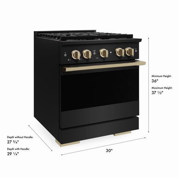 ZLINE Autograph Edition 30 in. 4.2 cu. ft. Marino Dual Fuel Range with 4 Burner DuoPro™ Cooktop and Electric Convection Oven in Black Stainless Steel and Champagne Bronze Accents (PMDRBZ-30-CB)