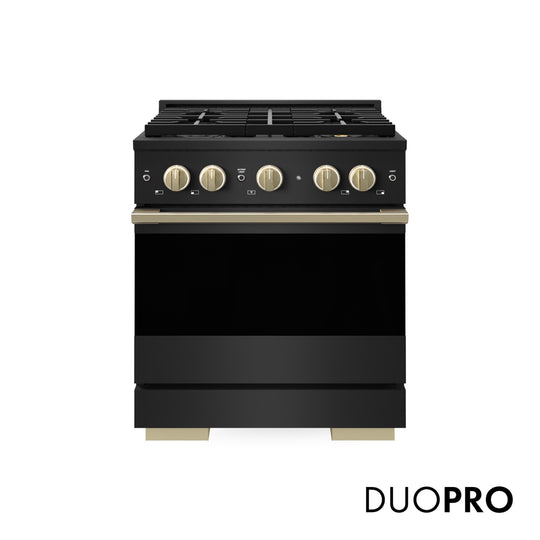 ZLINE Autograph Edition 30 in. 4.2 cu. ft. Marino Dual Fuel Range with 4 Burner DuoPro™ Cooktop and Electric Convection Oven in Black Stainless Steel and Champagne Bronze Accents (PMDRBZ-30-CB)