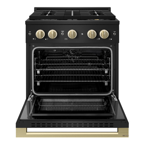 ZLINE Autograph Edition 30 in. 4.2 cu. ft. Marino Dual Fuel Range with 4 Burner DuoPro™ Cooktop and Electric Convection Oven in Black Stainless Steel and Champagne Bronze Accents (PMDRBZ-30-CB)