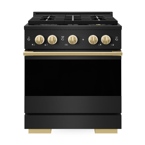 ZLINE Autograph Edition 30 in. 4.2 cu. ft. Marino Dual Fuel Range with 4 Burner DuoPro™ Cooktop and Electric Convection Oven in Black Stainless Steel and Polished Gold Accents (PMDRBZ-30-G)