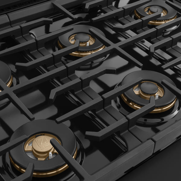 ZLINE Autograph Edition 36 in. 5.2 cu. ft. Marino Dual Fuel Range with 6 Burner DuoPro™ Cooktop and Electric Convection Oven in Black Stainless Steel and Champagne Bronze Accents (PMDRBZ-36-CB)