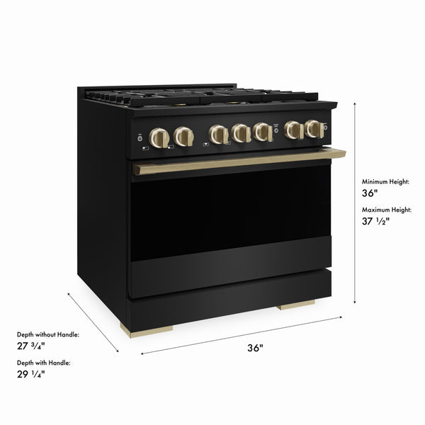 ZLINE Autograph Edition 36 in. 5.2 cu. ft. Marino Dual Fuel Range with 6 Burner DuoPro™ Cooktop and Electric Convection Oven in Black Stainless Steel and Champagne Bronze Accents (PMDRBZ-36-CB)