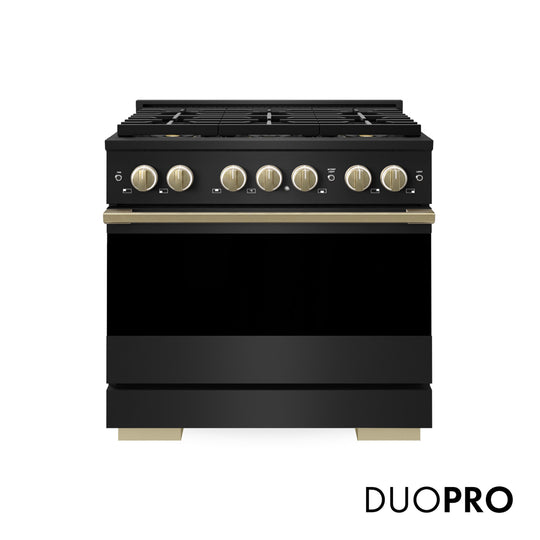 ZLINE Autograph Edition 36 in. 5.2 cu. ft. Marino Dual Fuel Range with 6 Burner DuoPro™ Cooktop and Electric Convection Oven in Black Stainless Steel and Champagne Bronze Accents (PMDRBZ-36-CB)