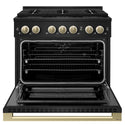 ZLINE Autograph Edition 36 in. 5.2 cu. ft. Marino Dual Fuel Range with 6 Burner DuoPro™ Cooktop and Electric Convection Oven in Black Stainless Steel and Champagne Bronze Accents (PMDRBZ-36-CB)