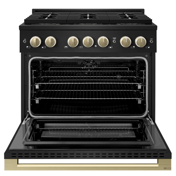 ZLINE Autograph Edition 36 in. 5.2 cu. ft. Marino Dual Fuel Range with 6 Burner DuoPro™ Cooktop and Electric Convection Oven in Black Stainless Steel and Champagne Bronze Accents (PMDRBZ-36-CB)