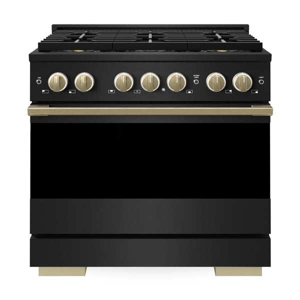 ZLINE Autograph Edition 36 in. 5.2 cu. ft. Marino Dual Fuel Range with 6 Burner DuoPro™ Cooktop and Electric Convection Oven in Black Stainless Steel and Champagne Bronze Accents (PMDRBZ-36-CB)