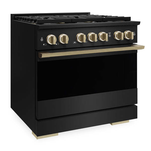 ZLINE Autograph Edition 36 in. 5.2 cu. ft. Marino Dual Fuel Range with 6 Burner DuoPro™ Cooktop and Electric Convection Oven in Black Stainless Steel and Champagne Bronze Accents (PMDRBZ-36-CB)