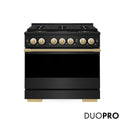 ZLINE Autograph Edition 36 in. 5.2 cu. ft. Marino Dual Fuel Range with 6 Burner DuoPro™ Cooktop and Electric Convection Oven in Black Stainless Steel and Polished Gold Accents (PMDRBZ-36-G)