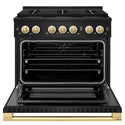 ZLINE Autograph Edition 36 in. 5.2 cu. ft. Marino Dual Fuel Range with 6 Burner DuoPro™ Cooktop and Electric Convection Oven in Black Stainless Steel and Polished Gold Accents (PMDRBZ-36-G)