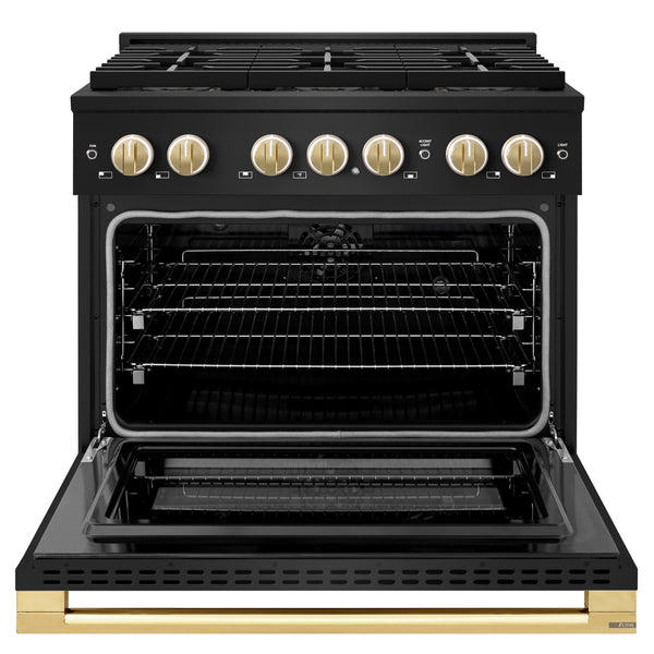 ZLINE Autograph Edition 36 in. 5.2 cu. ft. Marino Dual Fuel Range with 6 Burner DuoPro™ Cooktop and Electric Convection Oven in Black Stainless Steel and Polished Gold Accents (PMDRBZ-36-G)