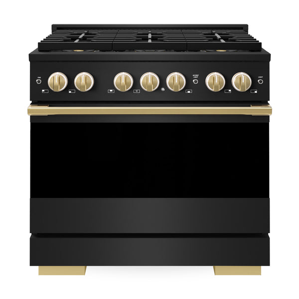ZLINE Autograph Edition 36 in. 5.2 cu. ft. Marino Dual Fuel Range with 6 Burner DuoPro™ Cooktop and Electric Convection Oven in Black Stainless Steel and Polished Gold Accents (PMDRBZ-36-G)