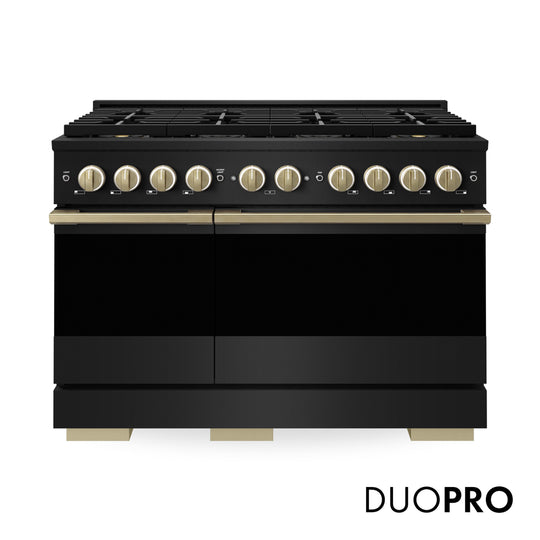 ZLINE Autograph Edition 48 in. 6.7 cu. ft. Marino Dual Fuel Range with 8 Burner DuoPro™ Cooktop and Dual Ovens in Black Stainless Steel and Champagne Bronze Accents (PMDRBZ-48-CB)