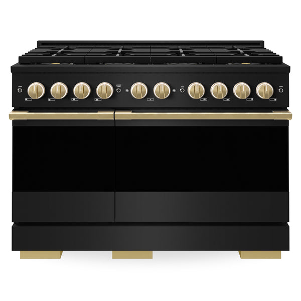 ZLINE Autograph Edition 48 in. 6.7 cu. ft. Marino Dual Fuel Range with 8 Burner DuoPro™ Cooktop and Dual Ovens in Black Stainless Steel and Polished Gold Accents (PMDRBZ-48-G)