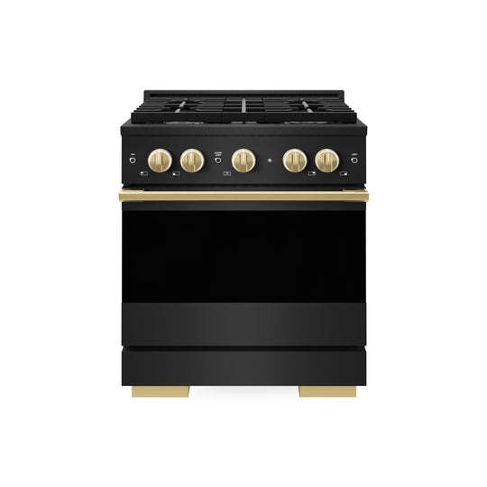 ZLINE Autograph Edition 30 in. 4.2 cu. ft. Marino Gas Range with 4 Burner Cooktop and Convection Gas Oven in Black Stainless Steel and Polished Gold Accents (MGRBZ-30-G)