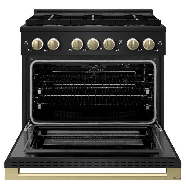 ZLINE Autograph Edition 36 in. 5.2 cu. ft. Marino Gas Range with 6 Burner Cooktop and Convection Gas Oven in Black Stainless Steel and Champagne Bronze Accents (MGRBZ-36-CB)