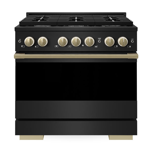 ZLINE Autograph Edition 36 in. 5.2 cu. ft. Marino Gas Range with 6 Burner Cooktop and Convection Gas Oven in Black Stainless Steel and Champagne Bronze Accents (MGRBZ-36-CB)