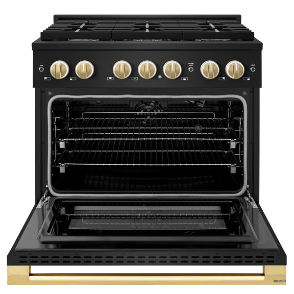 ZLINE Autograph Edition 36 in. 5.2 cu. ft. Marino Gas Range with 6 Burner Cooktop and Convection Gas Oven in Black Stainless Steel and Polished Gold Accents (MGRBZ-36-G)
