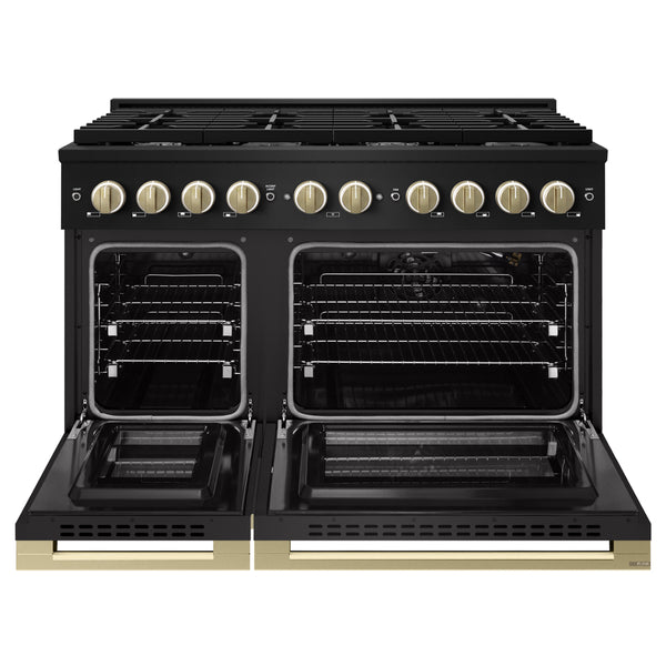 ZLINE Autograph Edition 48 in. 6.7 cu. ft. Marino Double Oven Gas Range with 8 Burner Cooktop in Black Stainless Steel and Champagne Bronze Accents (MGRBZ-48-CB)