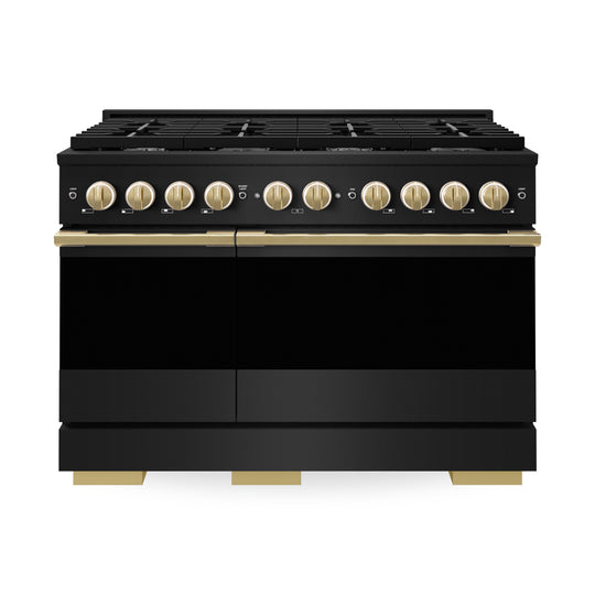 ZLINE Autograph Edition 48 in. 6.7 cu. ft. Marino Double Oven Gas Range with 8 Burner Cooktop in Black Stainless Steel and Polished Gold Accents (MGRBZ-48-G)
