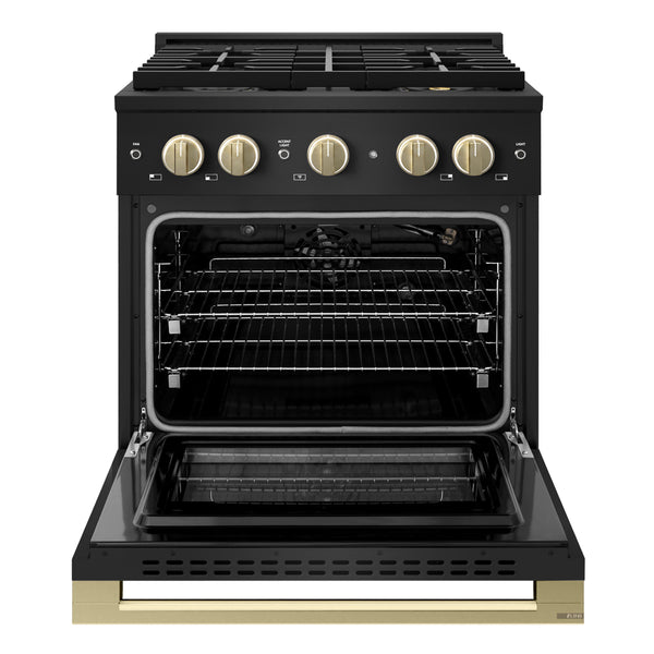 ZLINE Autograph Edition 30 in. 4.2 cu. ft. Marino Gas Range with 4 Burner DuoPro™ Cooktop and Convection Gas Oven in Black Stainless Steel and Champagne Bronze Accents (PMGRBZ-30-CB)