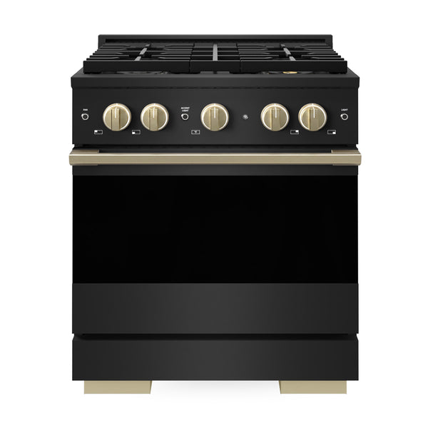 ZLINE Autograph Edition 30 in. 4.2 cu. ft. Marino Gas Range with 4 Burner DuoPro™ Cooktop and Convection Gas Oven in Black Stainless Steel and Champagne Bronze Accents (PMGRBZ-30-CB)