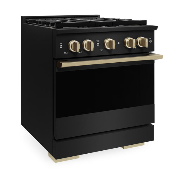 ZLINE Autograph Edition 30 in. 4.2 cu. ft. Marino Gas Range with 4 Burner DuoPro™ Cooktop and Convection Gas Oven in Black Stainless Steel and Champagne Bronze Accents (PMGRBZ-30-CB)