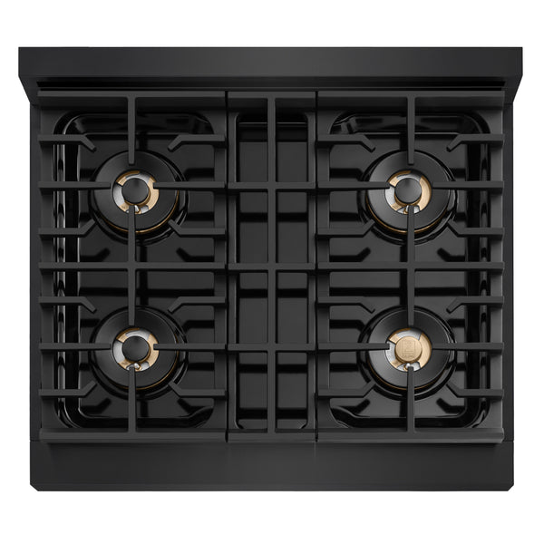 ZLINE Autograph Edition 30 in. 4.2 cu. ft. Marino Gas Range with 4 Burner DuoPro™ Cooktop and Convection Gas Oven in Black Stainless Steel and Champagne Bronze Accents (PMGRBZ-30-CB)