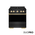 ZLINE Autograph Edition 30 in. 4.2 cu. ft. Marino Gas Range with 4 Burner DuoPro™ Cooktop and Convection Gas Oven in Black Stainless Steel and Polished Gold Accents (PMGRBZ-30-G)
