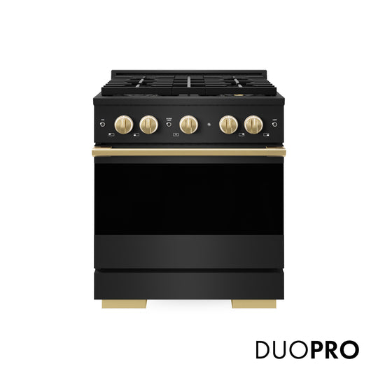ZLINE Autograph Edition 30 in. 4.2 cu. ft. Marino Gas Range with 4 Burner DuoPro™ Cooktop and Convection Gas Oven in Black Stainless Steel and Polished Gold Accents (PMGRBZ-30-G)