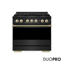 ZLINE Autograph Edition 36 in. 5.2 cu. ft. Marino Gas Range with 6 Burner DuoPro™ Cooktop and Convection Gas Oven in Black Stainless Steel and Champagne Bronze Accents (PMGRBZ-36-CB)