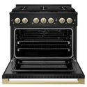 ZLINE Autograph Edition 36 in. 5.2 cu. ft. Marino Gas Range with 6 Burner DuoPro™ Cooktop and Convection Gas Oven in Black Stainless Steel and Champagne Bronze Accents (PMGRBZ-36-CB)
