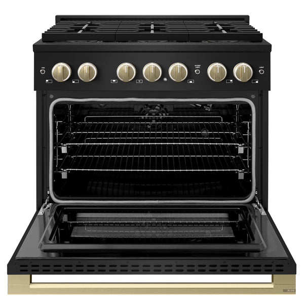 ZLINE Autograph Edition 36 in. 5.2 cu. ft. Marino Gas Range with 6 Burner DuoPro™ Cooktop and Convection Gas Oven in Black Stainless Steel and Champagne Bronze Accents (PMGRBZ-36-CB)