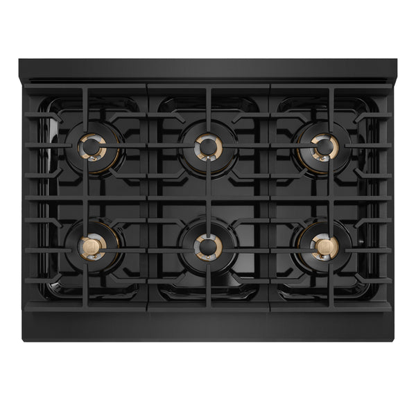ZLINE Autograph Edition 36 in. 5.2 cu. ft. Marino Gas Range with 6 Burner DuoPro™ Cooktop and Convection Gas Oven in Black Stainless Steel and Champagne Bronze Accents (PMGRBZ-36-CB)