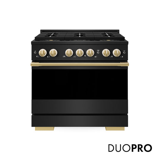 ZLINE Autograph Edition 36 in. 5.2 cu. ft. Marino Gas Range with 6 Burner DuoPro™ Cooktop and Convection Gas Oven in Black Stainless Steel and Polished Gold Accents (PMGRBZ-36-G)