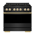 ZLINE Autograph Edition 36 in. 5.2 cu. ft. Marino Gas Range with 6 Burner DuoPro™ Cooktop and Convection Gas Oven in Black Stainless Steel and Polished Gold Accents (PMGRBZ-36-G)