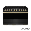 ZLINE Autograph Edition 48 in. 6.7 cu. ft. Marino Gas Range with 8 Burner DuoPro™ Cooktop and Dual Ovens in Black Stainless Steel and Champagne Bronze Accents (PMGRBZ-48-CB)
