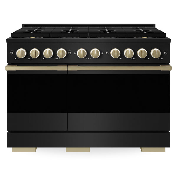 ZLINE Autograph Edition 48 in. 6.7 cu. ft. Marino Gas Range with 8 Burner DuoPro™ Cooktop and Dual Ovens in Black Stainless Steel and Champagne Bronze Accents (PMGRBZ-48-CB)