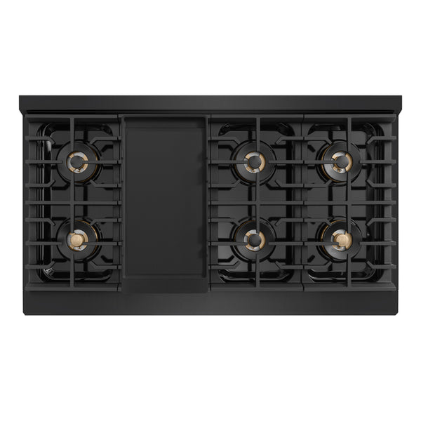 ZLINE Autograph Edition 48 in. 6.7 cu. ft. Marino Gas Range with 8 Burner DuoPro™ Cooktop and Dual Ovens in Black Stainless Steel and Champagne Bronze Accents (PMGRBZ-48-CB)