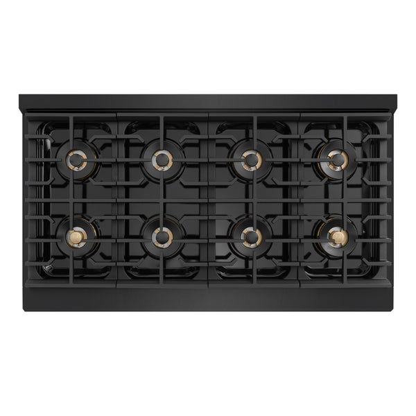 ZLINE Autograph Edition 48 in. 6.7 cu. ft. Marino Gas Range with 8 Burner DuoPro™ Cooktop and Dual Ovens in Black Stainless Steel and Champagne Bronze Accents (PMGRBZ-48-CB)