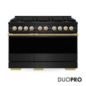 ZLINE Autograph Edition 48 in. 6.7 cu. ft. Marino Gas Range with 8 Burner DuoPro™ Cooktop and Dual Ovens in Black Stainless Steel and Polished Gold Accents (PMGRBZ-48-G)