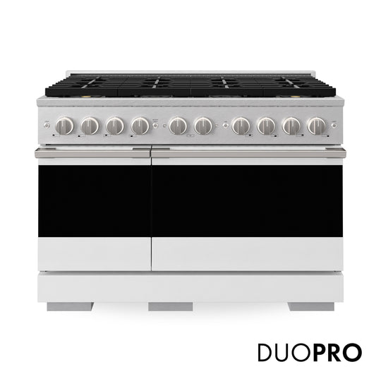 ZLINE 48 in. 6.7 cu. ft. Marino Dual Fuel Range with 8 Burner DuoPro™ Cooktop and Dual Ovens in Satin Stainless Steel with White Matte Doors (PMDRS-WM-48)