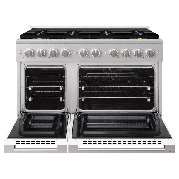 ZLINE 48 in. 6.7 cu. ft. Marino Dual Fuel Range with 8 Burner DuoPro™ Cooktop and Dual Ovens in Satin Stainless Steel with White Matte Doors (PMDRS-WM-48)