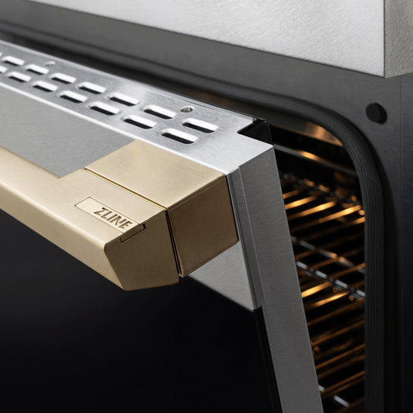 ZLINE Autograph Edition 36 in. 5.2 cu. ft. Marino Dual Fuel Range with 6 Burner DuoPro™ Cooktop and Electric Convection Oven in Satin Stainless Steel and Champagne Bronze Accents (PMDRSZ-36-CB)