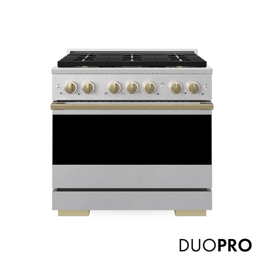 ZLINE Autograph Edition 36 in. 5.2 cu. ft. Marino Dual Fuel Range with 6 Burner DuoPro™ Cooktop and Electric Convection Oven in Satin Stainless Steel and Champagne Bronze Accents (PMDRSZ-36-CB)
