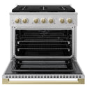 ZLINE Autograph Edition 36 in. 5.2 cu. ft. Marino Dual Fuel Range with 6 Burner DuoPro™ Cooktop and Electric Convection Oven in Satin Stainless Steel and Champagne Bronze Accents (PMDRSZ-36-CB)