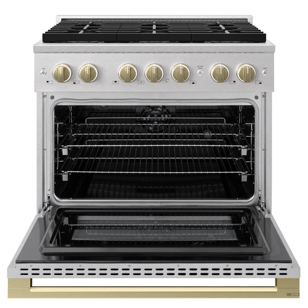ZLINE Autograph Edition 36 in. 5.2 cu. ft. Marino Dual Fuel Range with 6 Burner DuoPro™ Cooktop and Electric Convection Oven in Satin Stainless Steel and Champagne Bronze Accents (PMDRSZ-36-CB)
