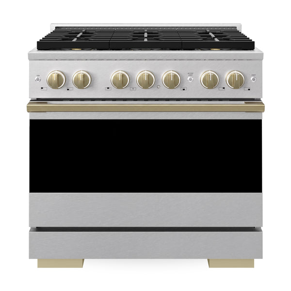 ZLINE Autograph Edition 36 in. 5.2 cu. ft. Marino Dual Fuel Range with 6 Burner DuoPro™ Cooktop and Electric Convection Oven in Satin Stainless Steel and Champagne Bronze Accents (PMDRSZ-36-CB)