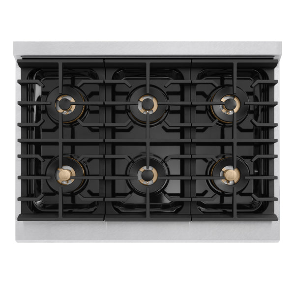 ZLINE Autograph Edition 36 in. 5.2 cu. ft. Marino Dual Fuel Range with 6 Burner DuoPro™ Cooktop and Electric Convection Oven in Satin Stainless Steel and Champagne Bronze Accents (PMDRSZ-36-CB)