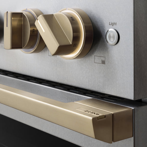 ZLINE Autograph Edition 48 in. 6.7 cu. ft. Marino Dual Fuel Range with 8 Burner DuoPro™ Cooktop and Dual Ovens in Satin Stainless Steel and Champagne Bronze Accents (PMDRSZ-48-CB)