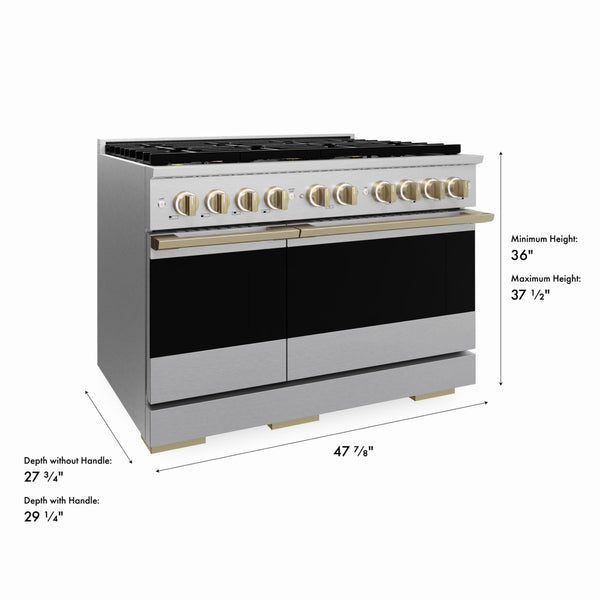 ZLINE Autograph Edition 48 in. 6.7 cu. ft. Marino Dual Fuel Range with 8 Burner DuoPro™ Cooktop and Dual Ovens in Satin Stainless Steel and Champagne Bronze Accents (PMDRSZ-48-CB)